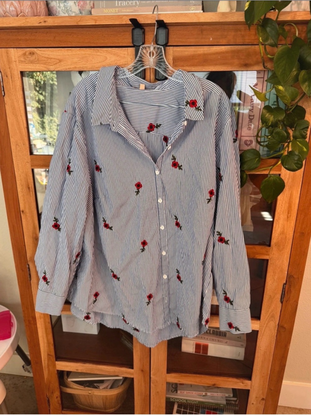 Blue Striped Button-Up Shirt with Red Rose Embroidery - women’s